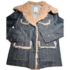 Avec Les Filles Denim Jacket Women Faux Fur Blush Trim Snap‎ Blue Oversized NWOT
